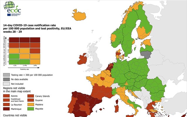 Χάρτης ECDC: Στο κόκκινο πολλές περιοχές της χώρας